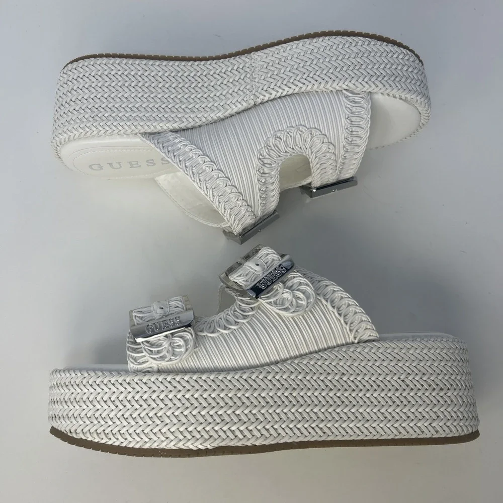 GUESS Binks‎ Woven Platform Sandals Ivory White Double Buckle Wedge Size 10M NIB